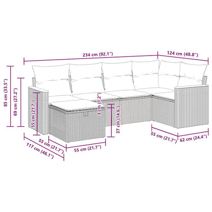 6 pcs conjunto de sofás p/ jardim com almofadões vime PE bege