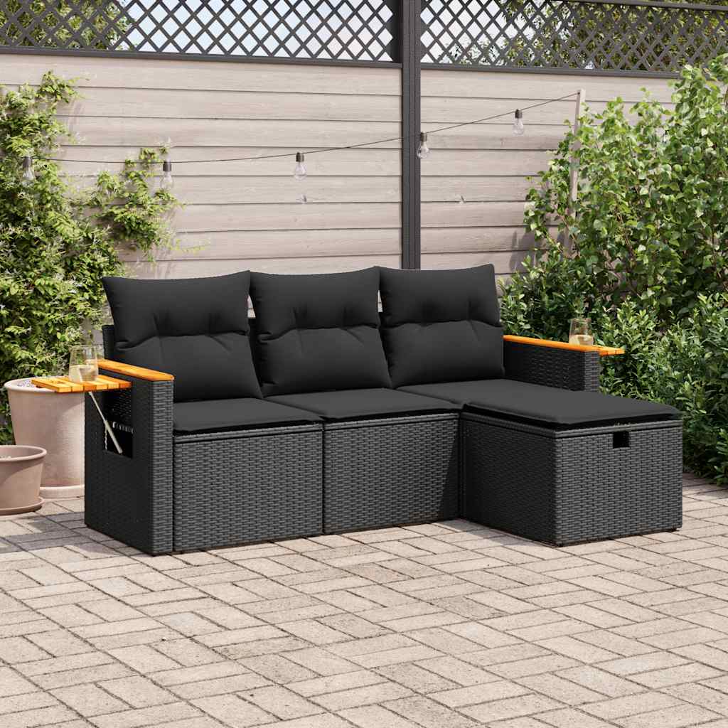 4 pcs conjunto de sofás para jardim c/ almofadões vime PE preto