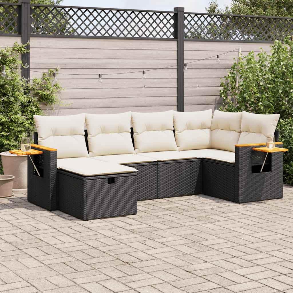 6 pcs conjunto sofás de jardim c/ almofadões vime PE preto