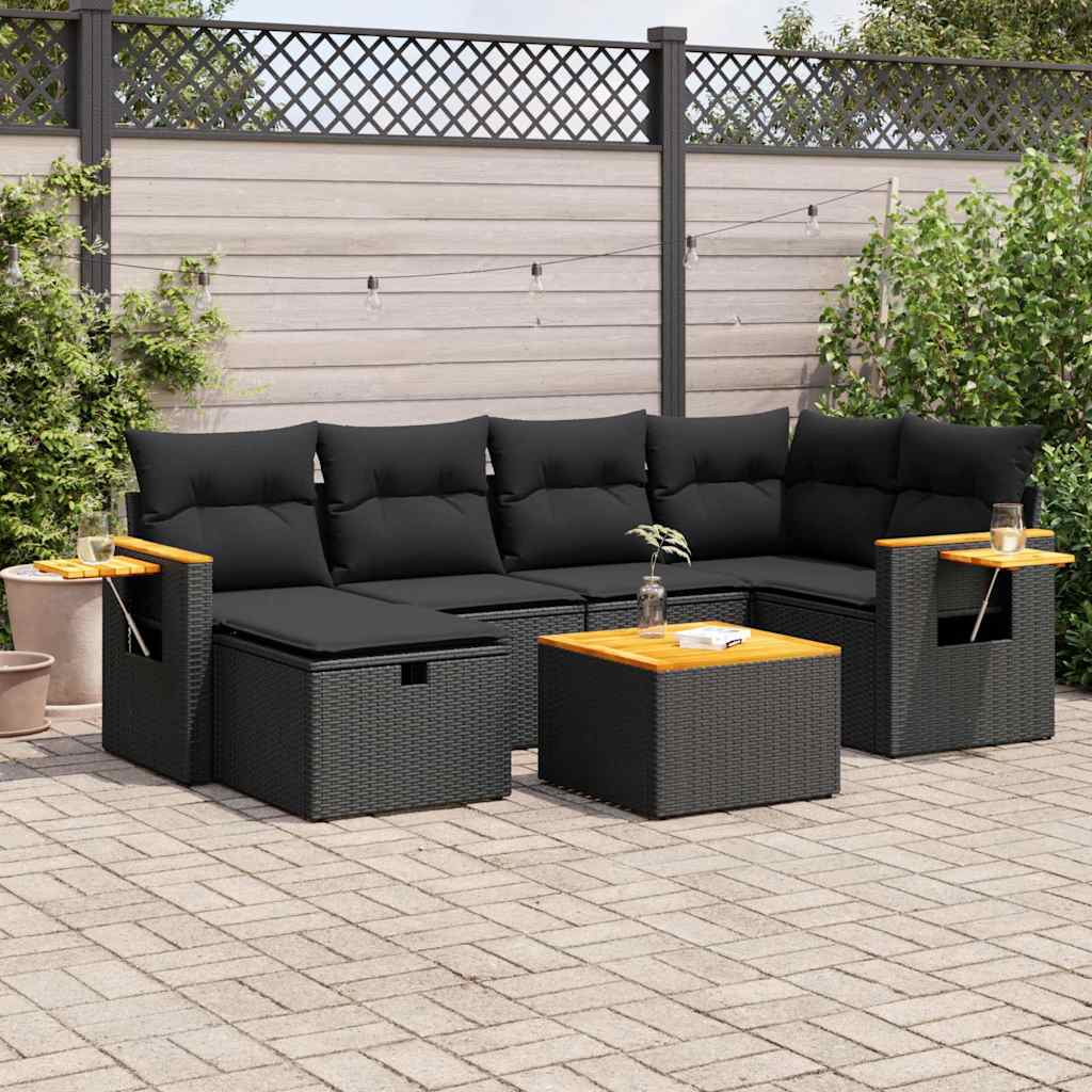 7 pcs conjunto de sofás p/ jardim c/ almofadões vime PE preto