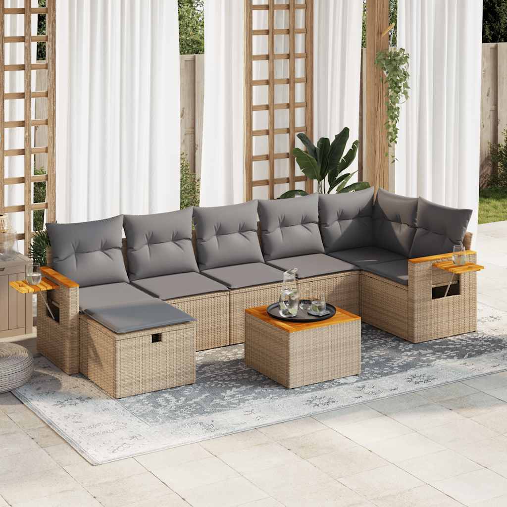 8 pcs conjunto de sofás p/ jardim com almofadões vime PE bege