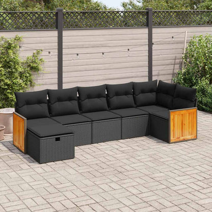 7 pcs conjunto de sofás p/ jardim c/ almofadões vime PE preto