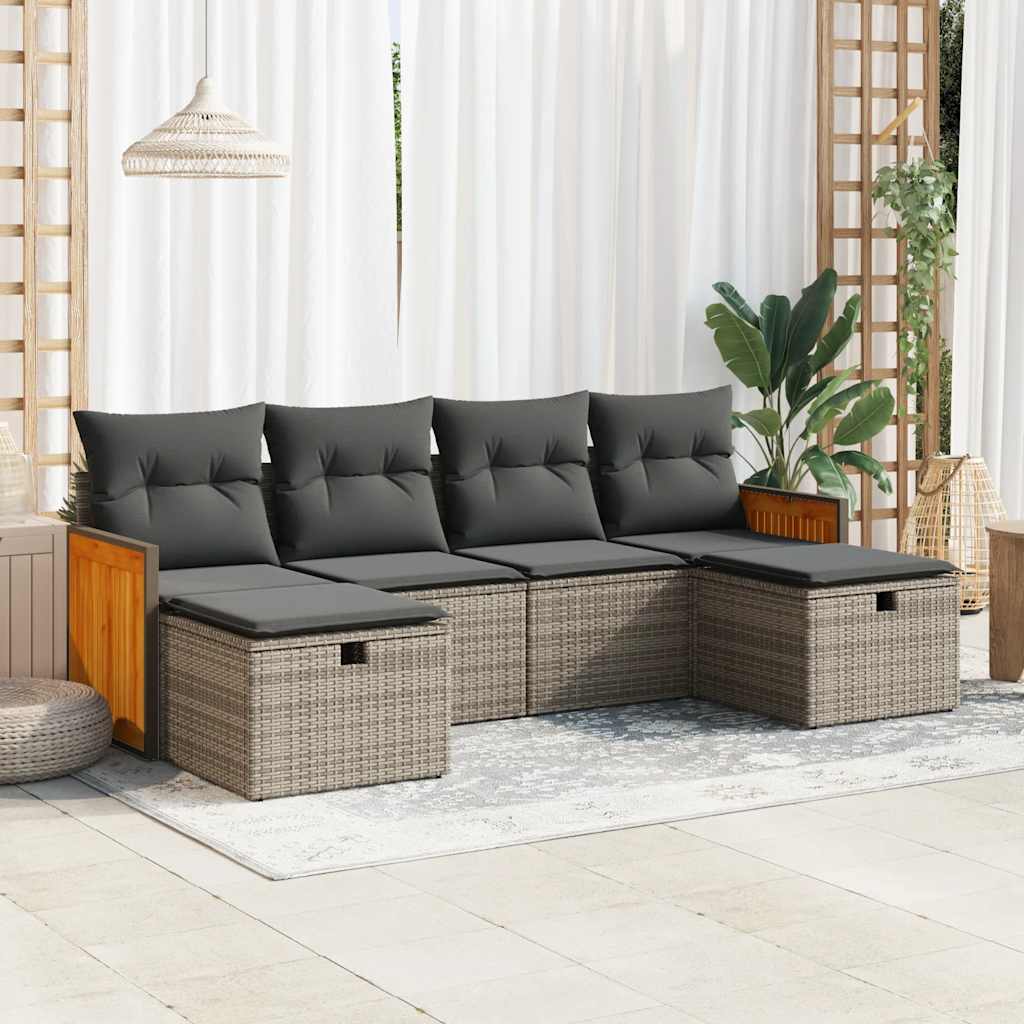 6 pcs conjunto sofás de jardim com almofadões vime cinzento