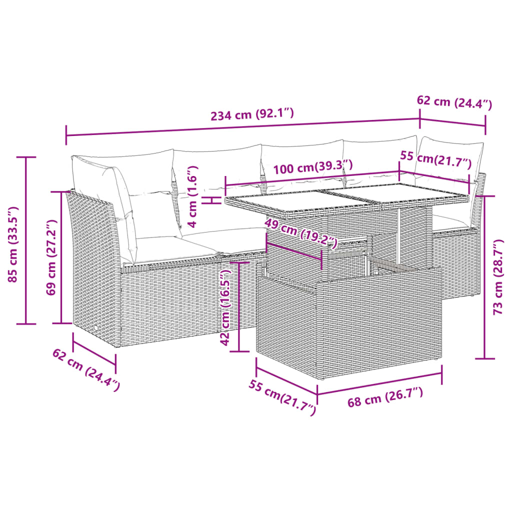 5 pcs conjunto de sofás p/ jardim com almofadões vime PE bege