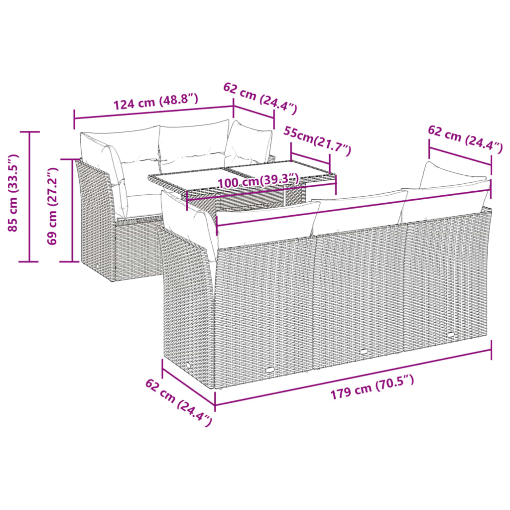 6 pcs conjunto sofás de jardim c/ almofadões vime PE preto