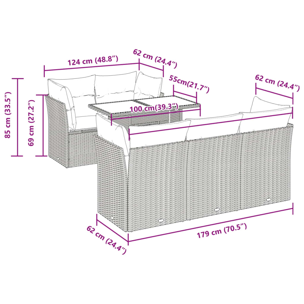 6 pcs conjunto sofás de jardim com almofadões vime cinzento