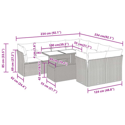 9 pcs conj. sofás jardim com almofadões vime PE cinzento-claro