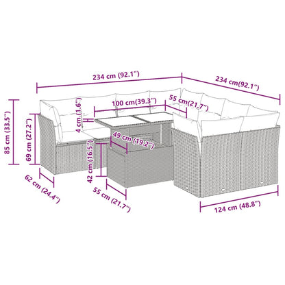 9 pcs conjunto sofás p/ jardim c/ almofadões vime PE castanho