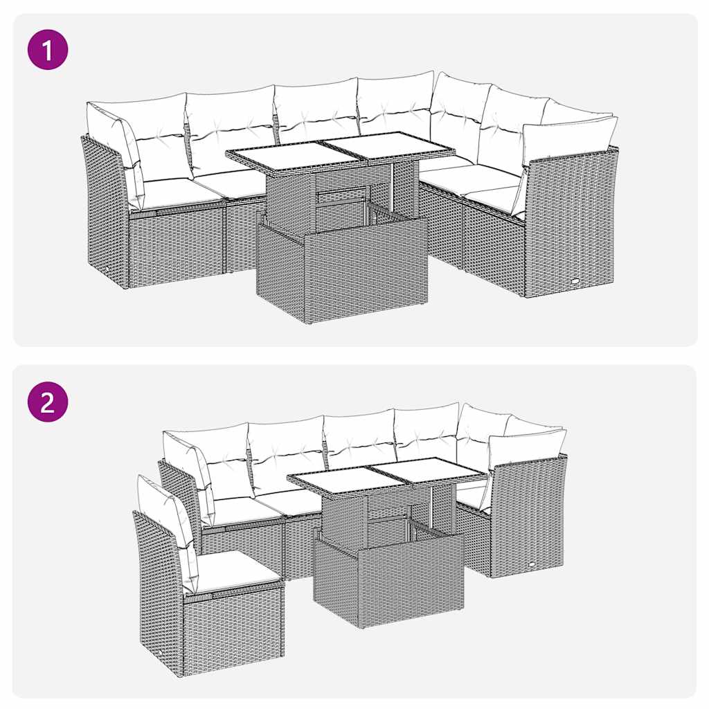 7 pcs conjunto de sofás p/ jardim com almofadões vime PE bege