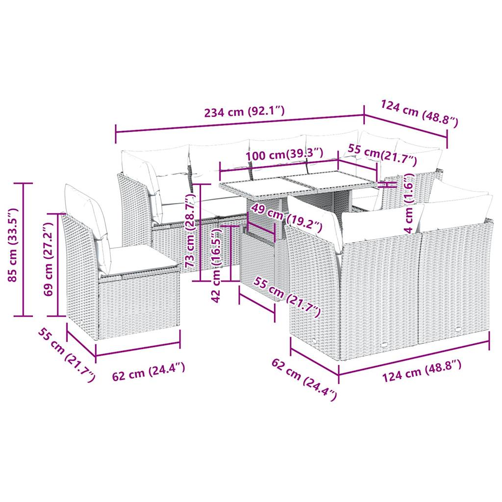 9 pcs conjunto de sofás p/ jardim com almofadões vime PE bege