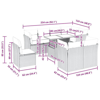 9 pcs conjunto de sofás p/ jardim com almofadões vime PE bege