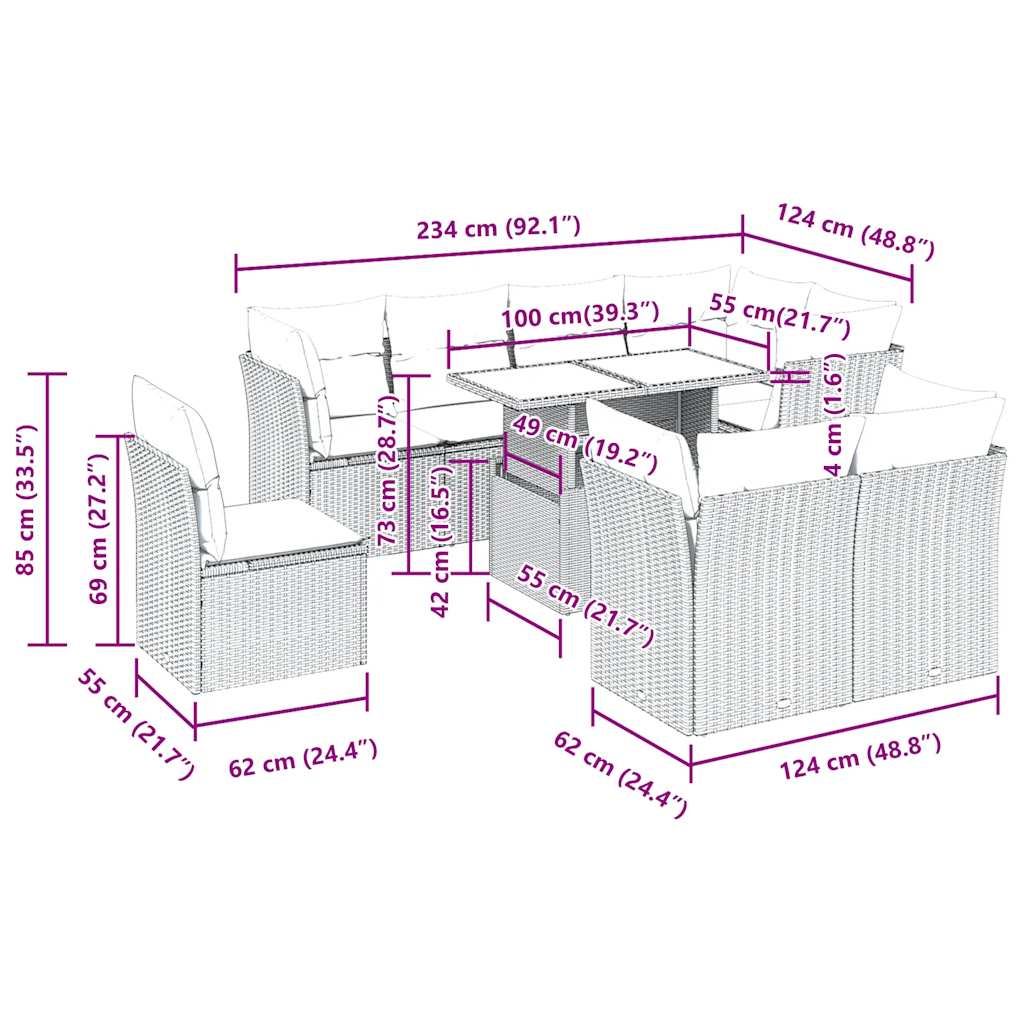 9 pcs conjunto sofás p/ jardim c/ almofadões vime PE castanho