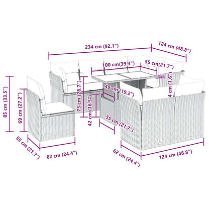 9 pcs conjunto sofás p/ jardim c/ almofadões vime PE castanho