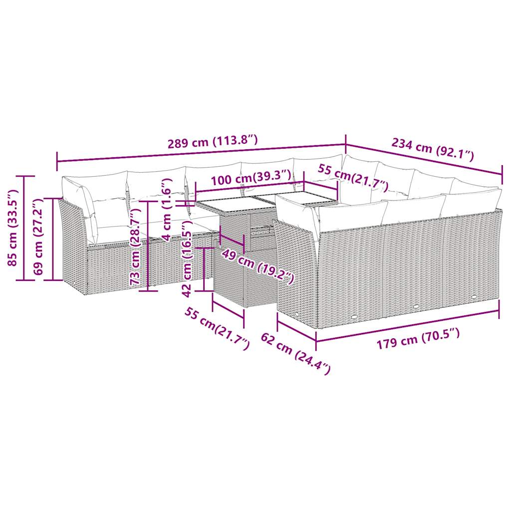 11 pcs conjunto sofás de jardim c/ almofadões vime PE bege