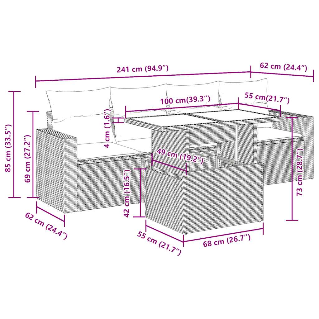 5 pcs conjunto sofás de jardim c/ almofadões vime PE cinzento