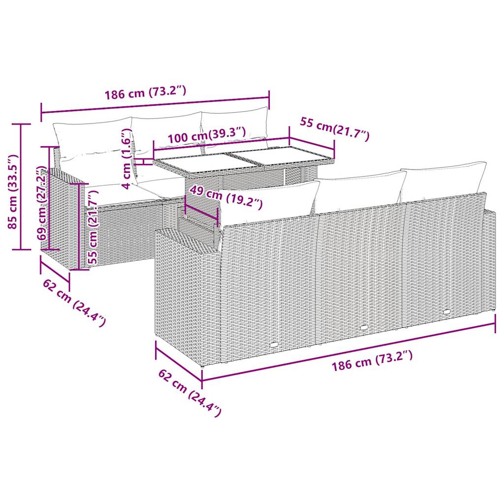 7 pcs conjunto de sofás p/ jardim com almofadões vime PE bege