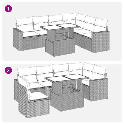 7 pcs conjunto sofás p/ jardim c/ almofadões vime PE cinzento