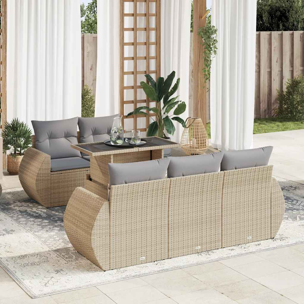 6 pcs conjunto de sofás p/ jardim com almofadões vime PE bege