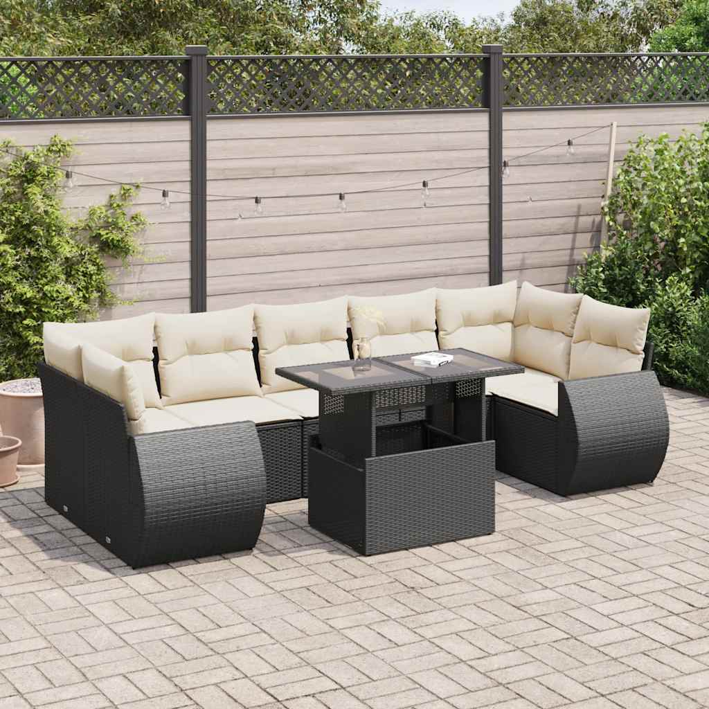 8 pcs conjunto sofás de jardim com almofadões vime PE preto