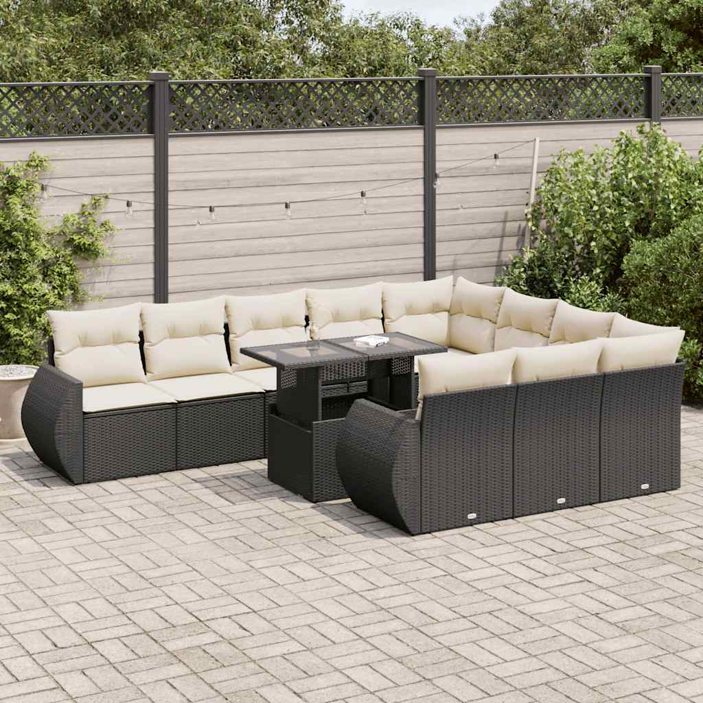 11 pcs conjunto sofás de jardim c/ almofadões vime PE preto