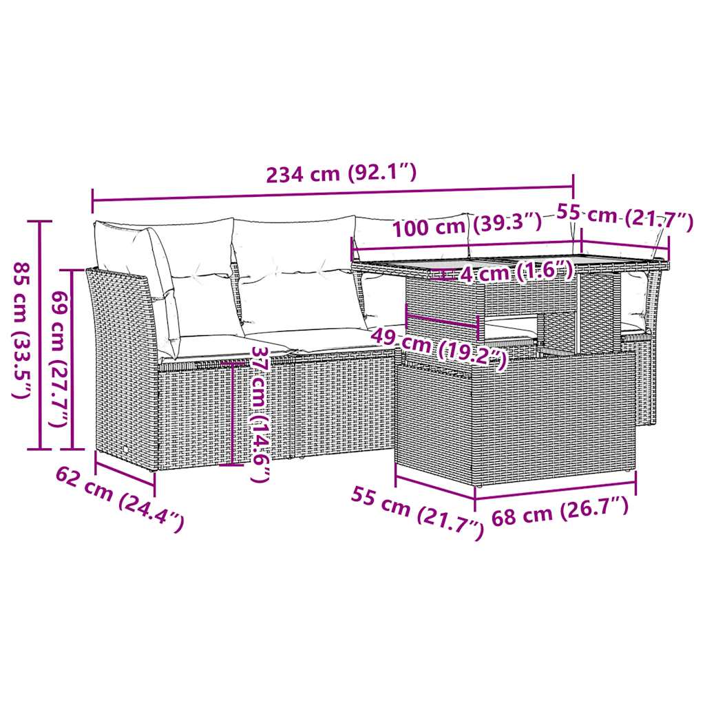 5 pcs conjunto sofás de jardim com almofadões vime PE preto