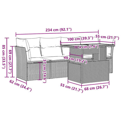 5 pcs conjunto sofás de jardim com almofadões vime PE preto