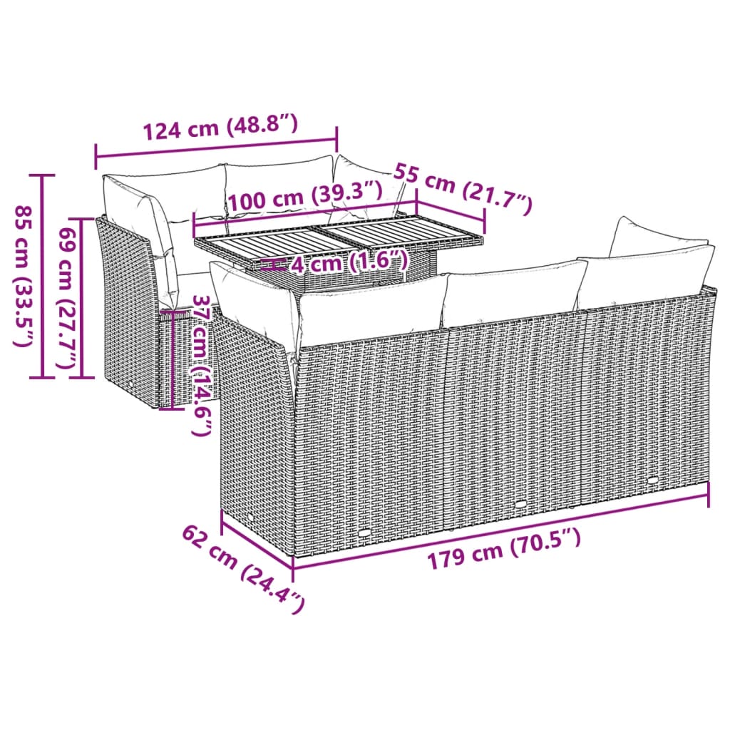 6 pcs conjunto sofás de jardim c/ almofadões vime PE preto