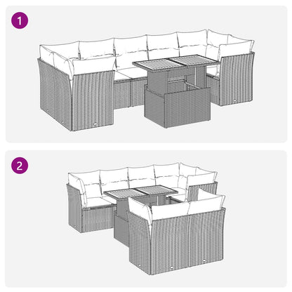 8 pcs conjunto sofás de jardim com almofadões vime PE preto