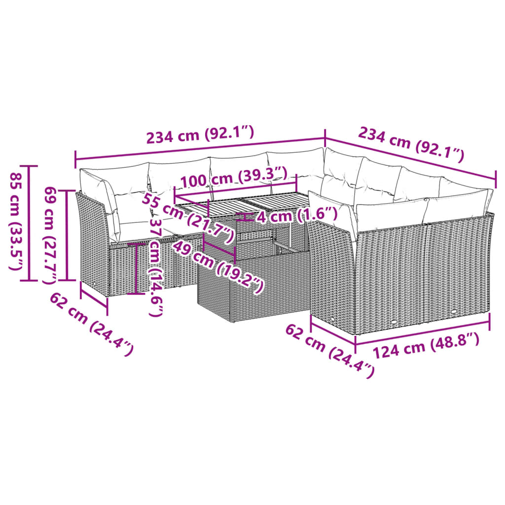 9 pcs conjunto de sofás p/ jardim com almofadões vime PE bege