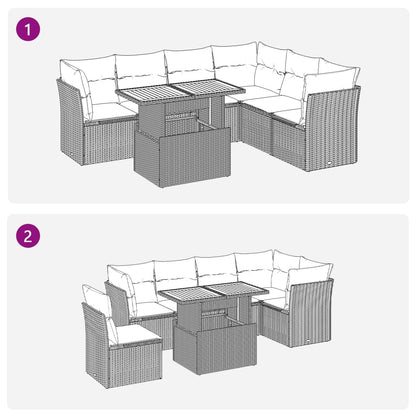 7 pcs conjunto sofás p/ jardim c/ almofadões vime PE cinzento