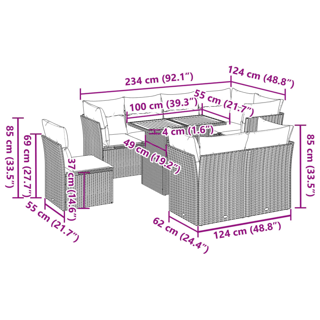 9 pcs conjunto de sofás p/ jardim com almofadões vime PE bege