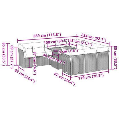 11 pcs conjunto sofás de jardim c/ almofadões vime PE preto