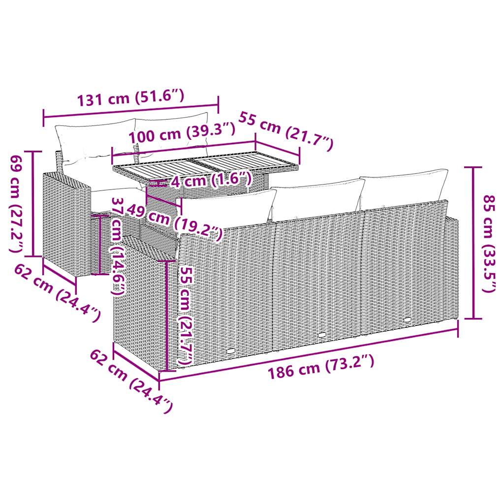 6 pcs conjunto sofás de jardim com almofadões vime cinzento