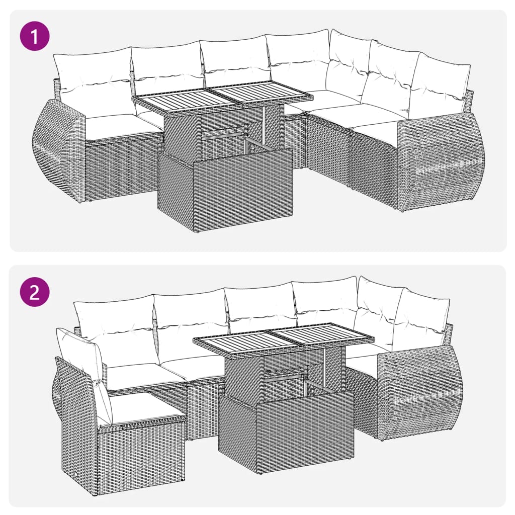 7 pcs conjunto de sofás p/ jardim c/ almofadões vime PE preto