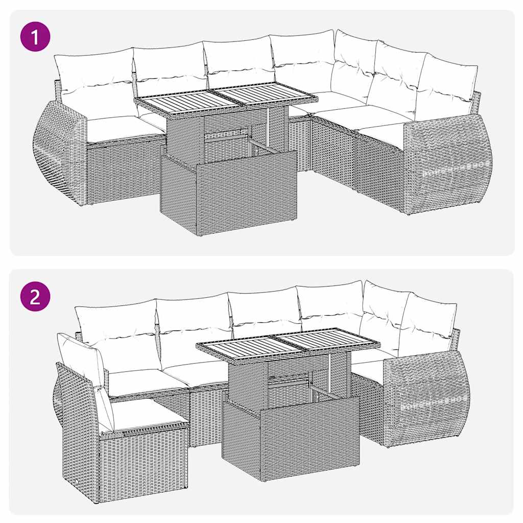 7 pcs conjunto sofás p/ jardim c/ almofadões vime PE cinzento