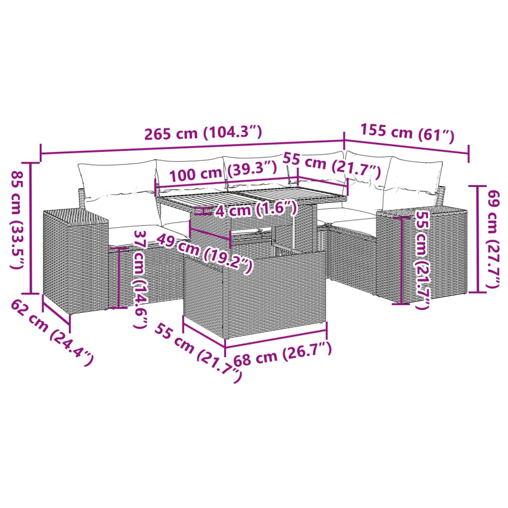 6 pcs conjunto sofás de jardim c/ almofadões vime PE preto