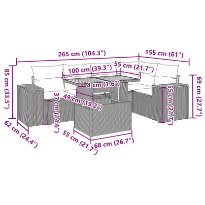 6 pcs conjunto sofás de jardim c/ almofadões vime PE preto