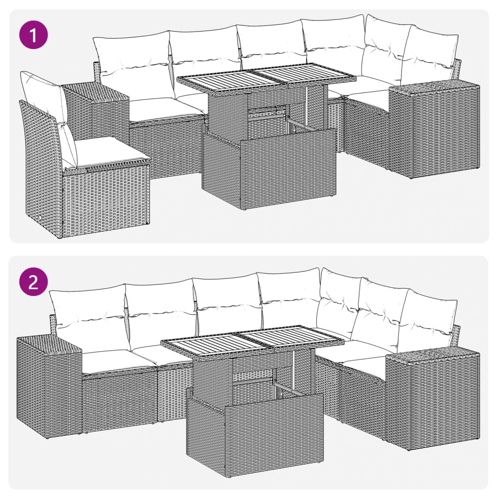 7 pcs conjunto sofás p/ jardim c/ almofadões vime PE cinzento