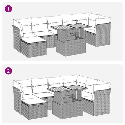 8 pcs conjunto sofás jardim almofadões vime PE/acácia cinzento