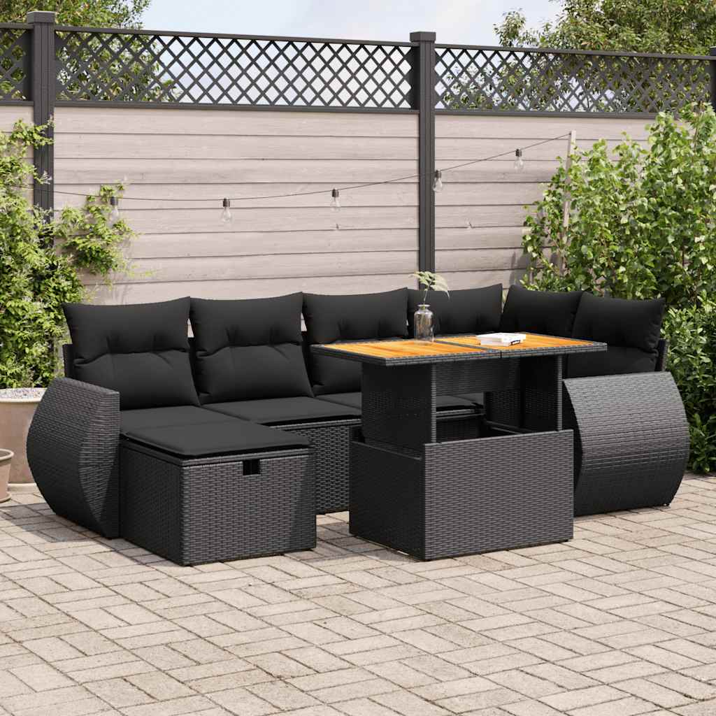 8 pcs conjunto sofás jardim com almofadões vime PE/acácia preto