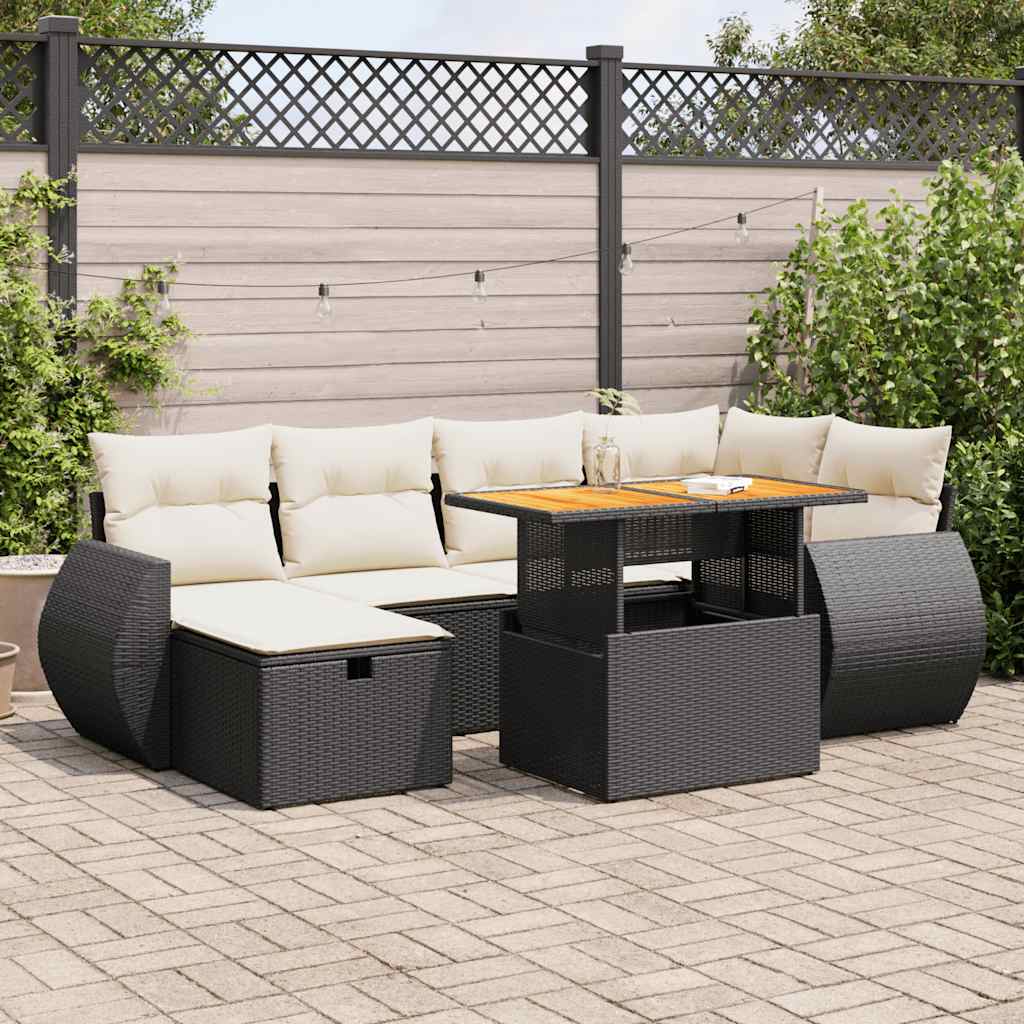 8 pcs conjunto sofás jardim com almofadões vime PE/acácia preto