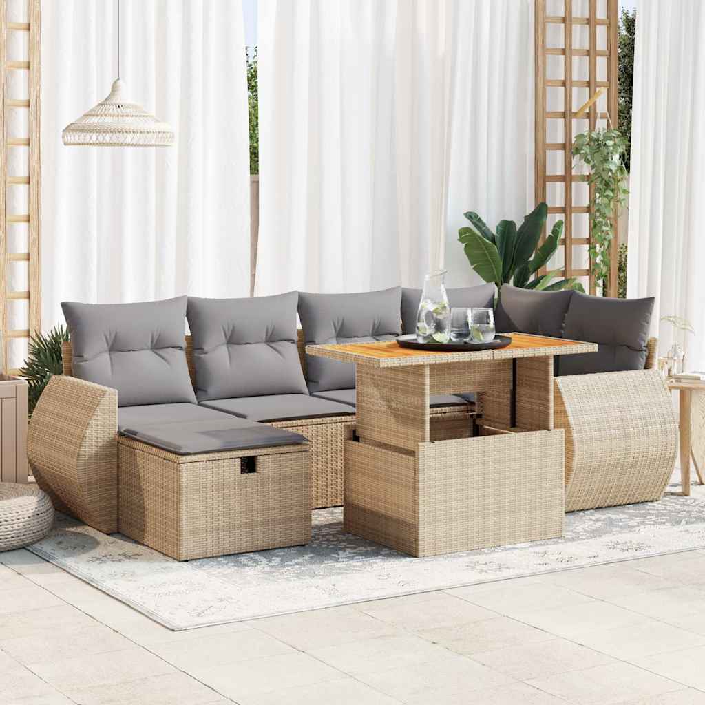 8 pcs conjunto sofás jardim com almofadões vime PE/acácia bege