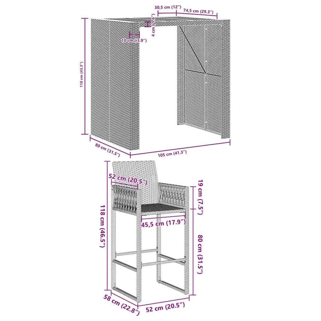 3 pcs conj. bar jardim sem almofadões vime PE/acácia cinzento