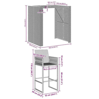 3 pcs conj. bar jardim sem almofadões vime PE/acácia cinzento