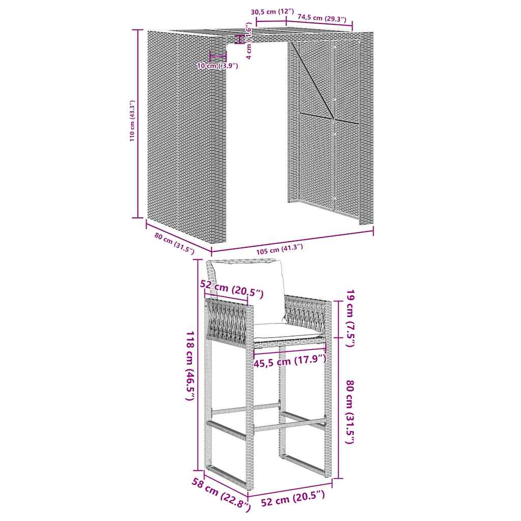 3 pcs conj. de bar jardim c/ almofadões vime PE/acácia cinzento