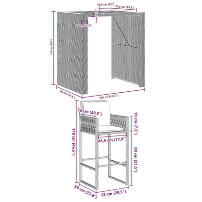 3 pcs conj. de bar jardim c/ almofadões vime PE/acácia cinzento