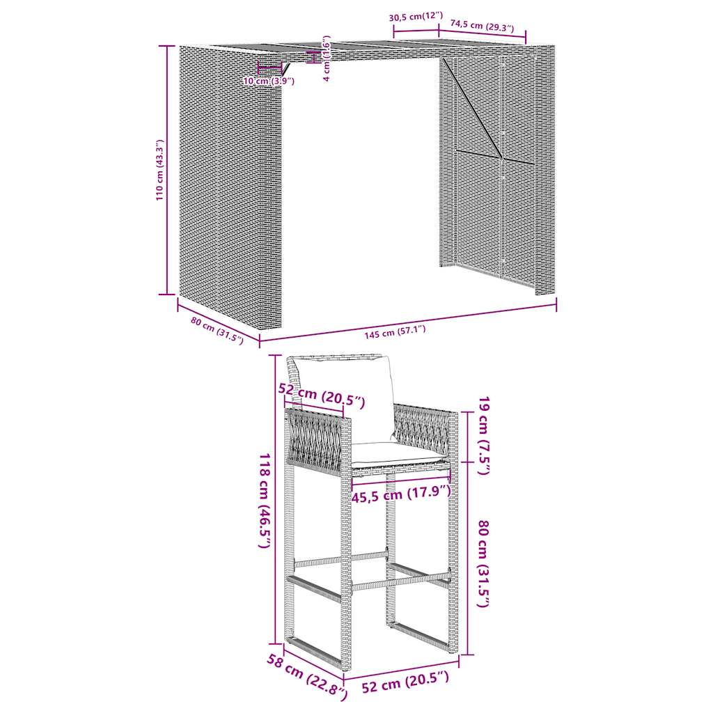 5 pcs conj. de bar jardim c/ almofadões vime PE/acácia cinzento