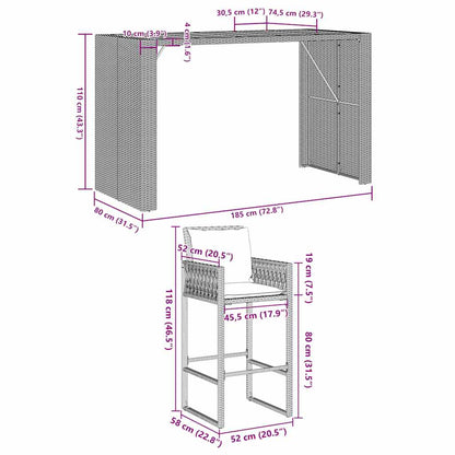 5 pcs conjunto de bar jardim c/ almofadões vime PE/acácia preto