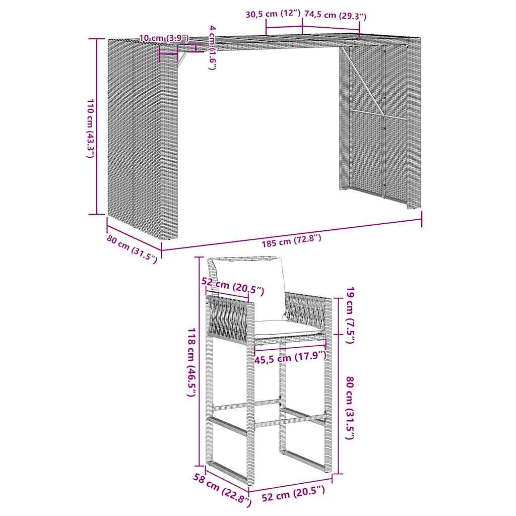 7 pcs conjunto de bar jardim c/ almofadões vime PE/acácia preto