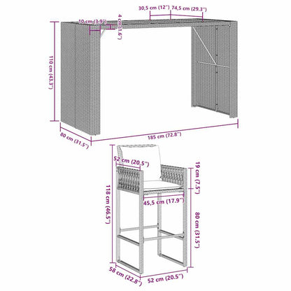 5 pcs conj. de bar jardim c/ almofadões vime PE/acácia cinzento